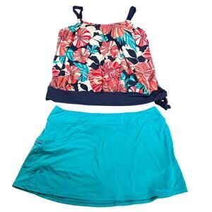 Beach house swim womens blouson tankini, skort swimsuit. Size 16. vacation. 2 pc